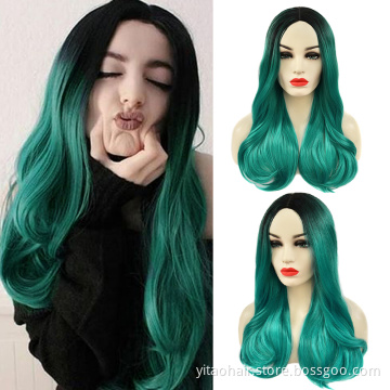 Synthetic Hair Wavy Wig Middle Part Ombre Long Curly Wigs for Women Fashion Green Mixed Blue Colored Cosplay Wig